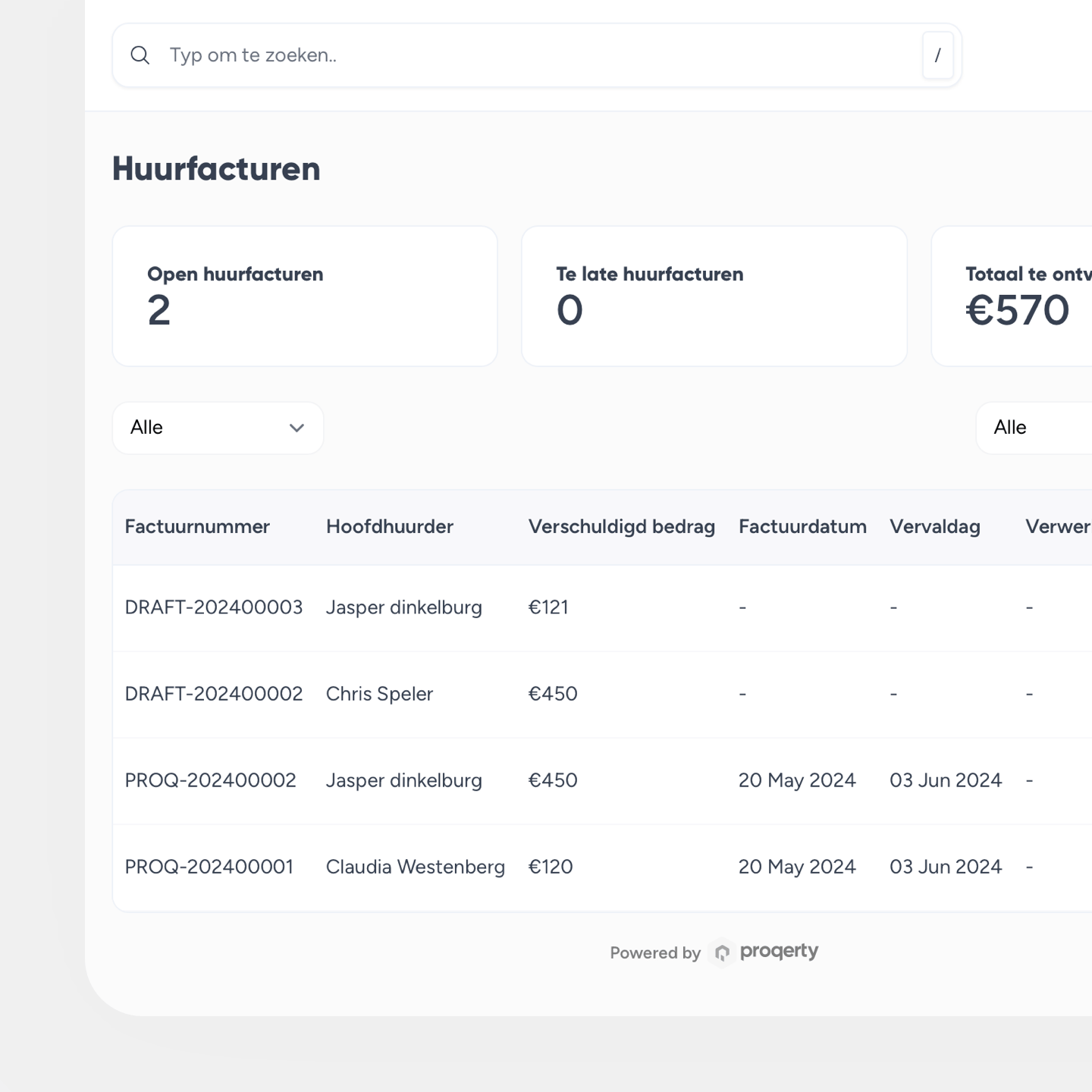 Huurfacturen dashboard vastgoedbeheer software